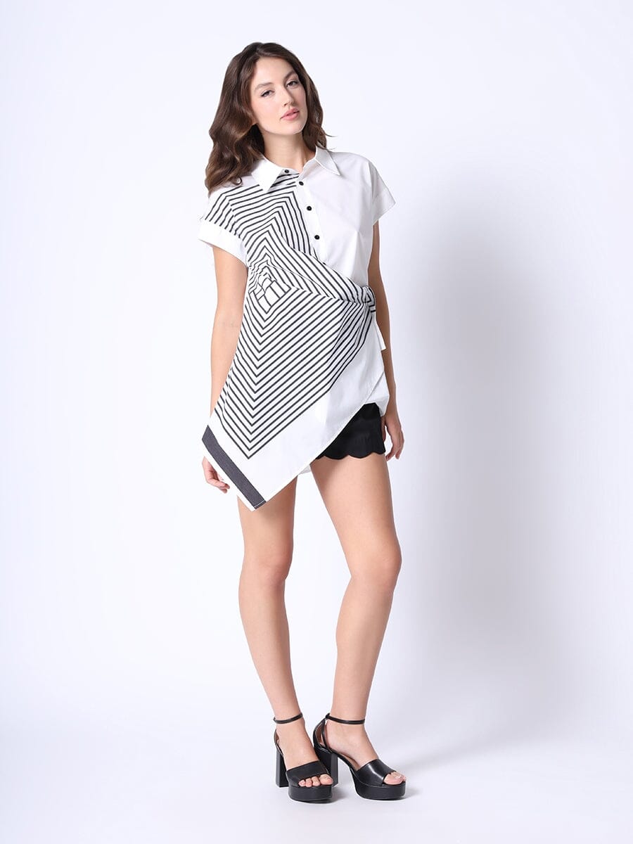 Geometry Mixed Print Asymmetry Shirt Top TOP Gracia Fashion WHITE S 