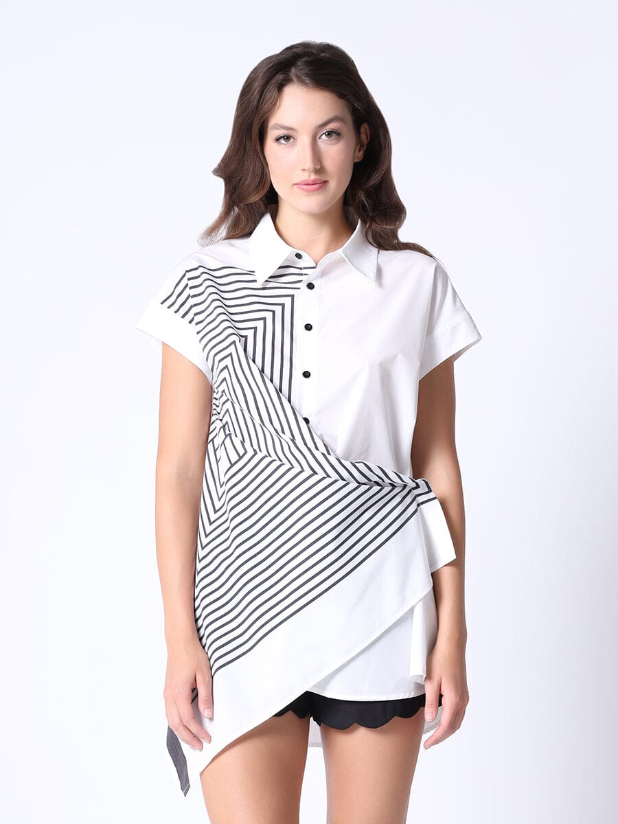 Geometry Mixed Print Asymmetry Shirt Top TOP Gracia Fashion WHITE S 