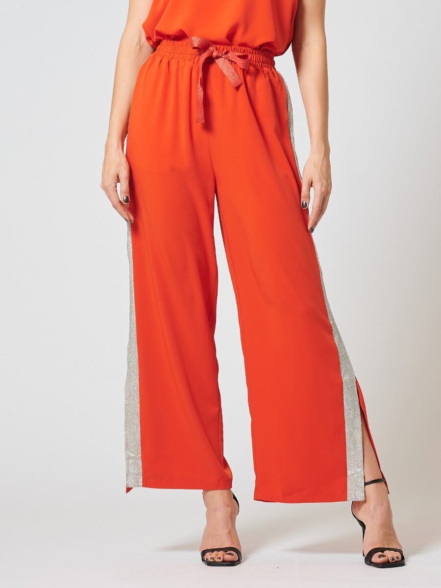 Glitter tape point side-slit wide pants - Gracia Fashion