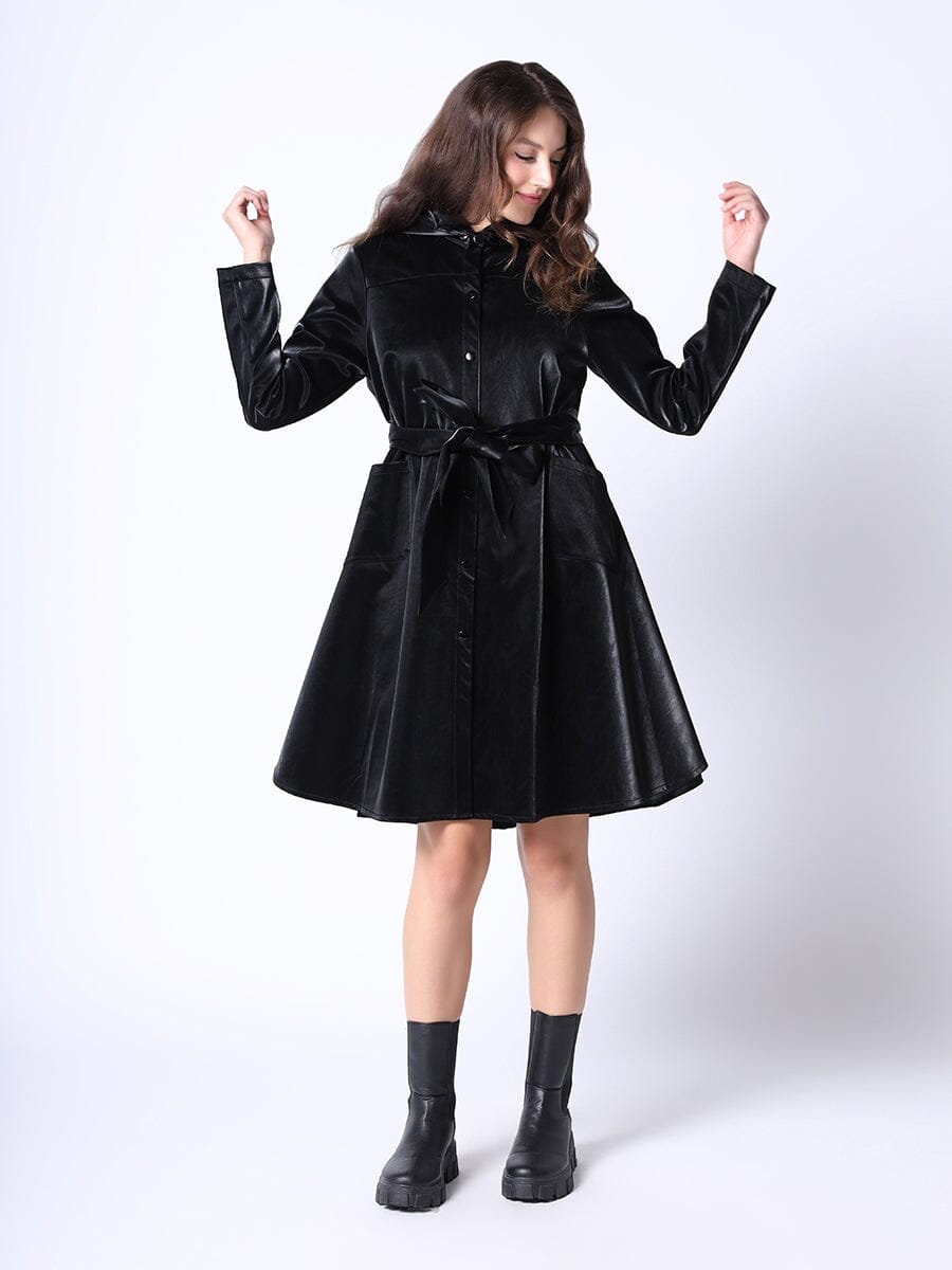 Glossy Rain Coat with Waist Ribbon JACKET Gracia Fashion BLACK S 