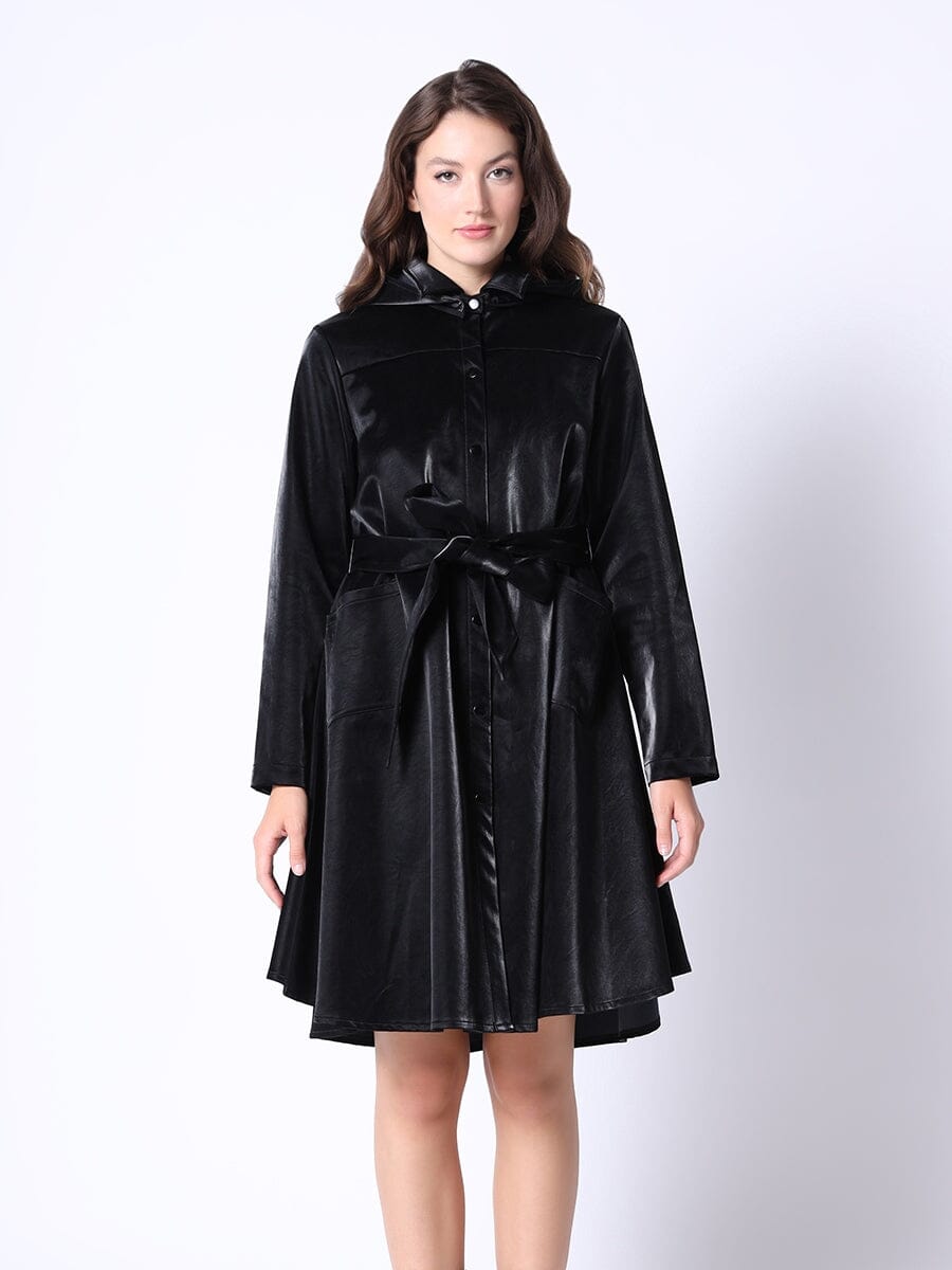 Glossy Rain Coat with Waist Ribbon JACKET Gracia Fashion BLACK S 