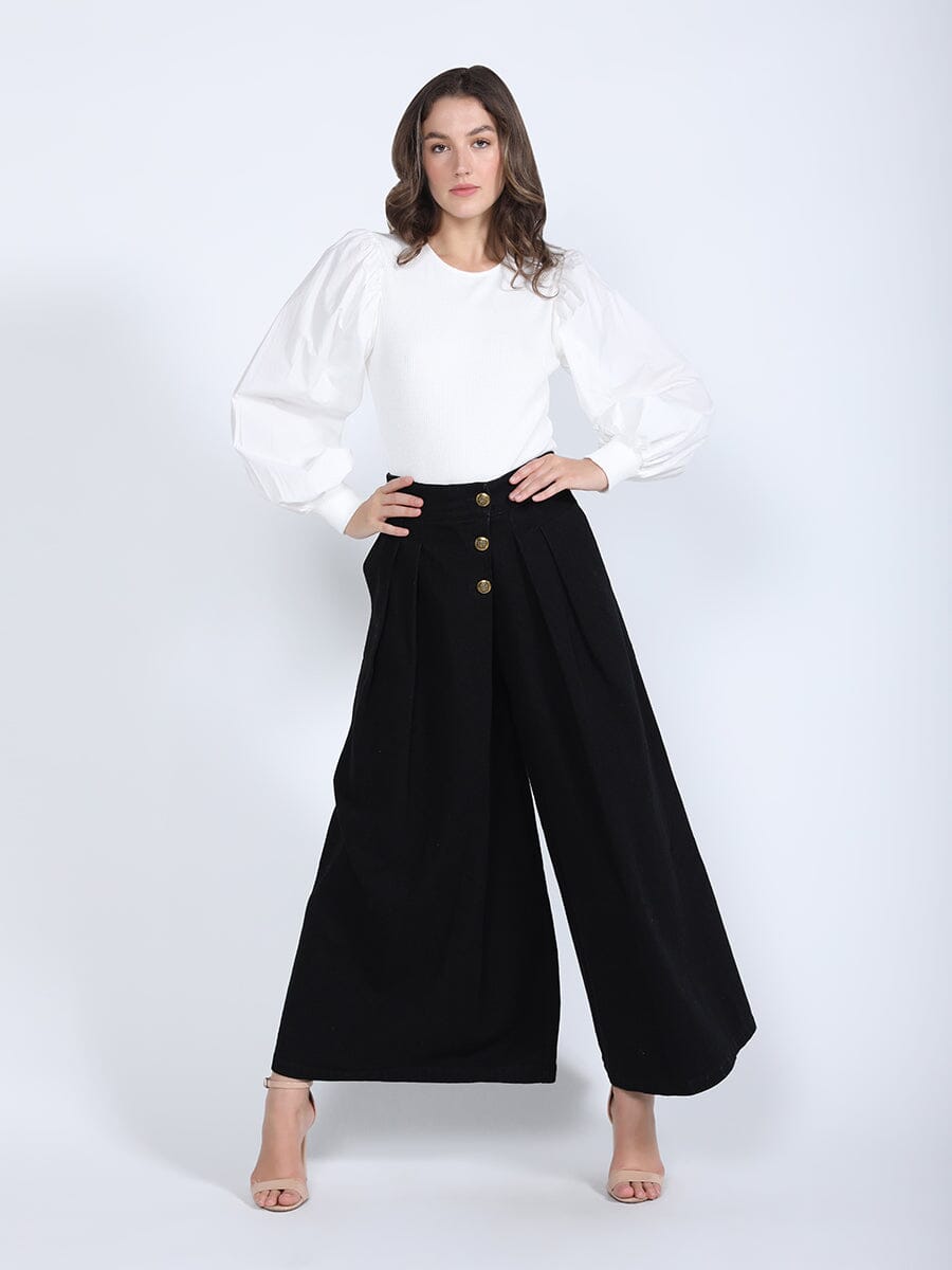 High Waist Buttoned Pleated Wide Leg Denim Pants PANTS Gracia Fashion DENIM BLACK S 