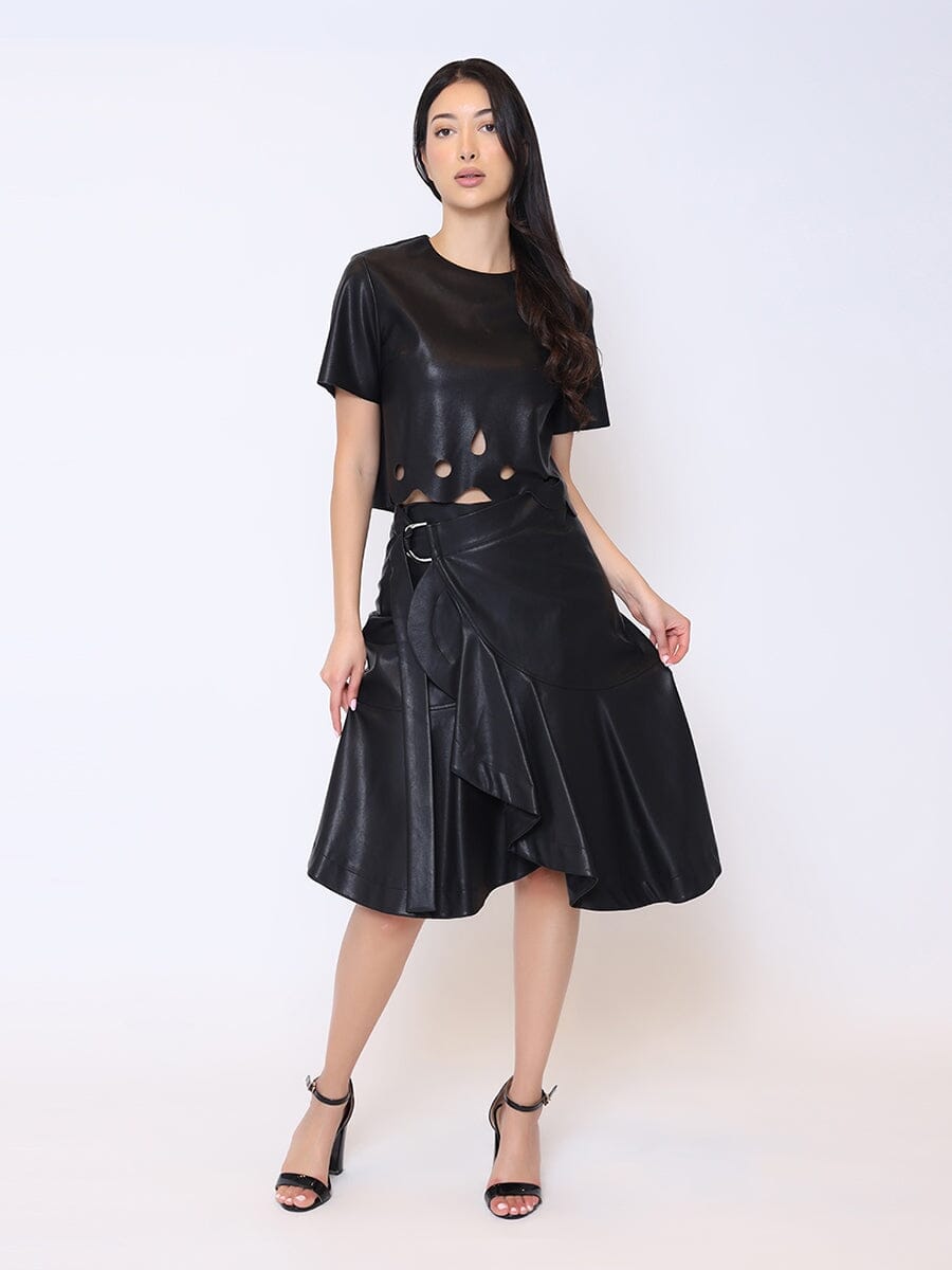 Hollow Out Asymmetrical Hem Cropped Pleather Top TOP Gracia Fashion BLACK S 