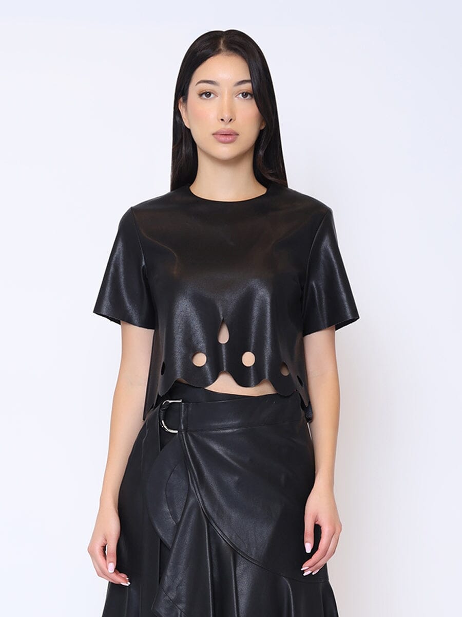 Hollow Out Asymmetrical Hem Cropped Pleather Top TOP Gracia Fashion BLACK S 