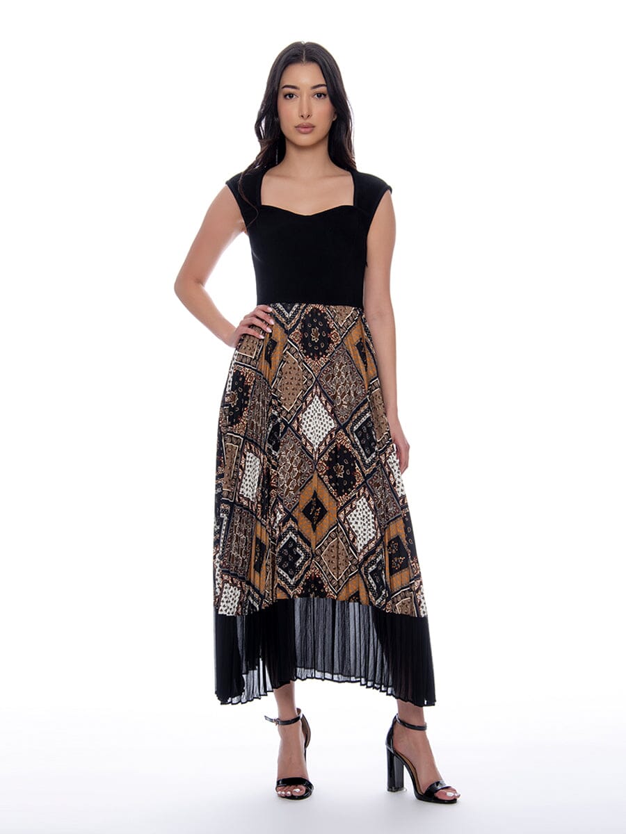 Knit Pleated Abstract Pattern Dress DRESS Gracia Fashion BLACK/BEIGE S 