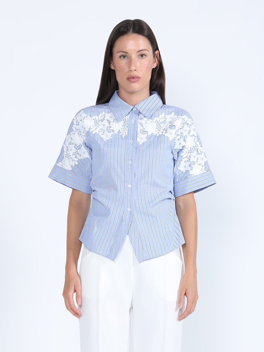 Lace Embellished Stripe Short Sleeve Shirt TOP Gracia Fashion BLUE S 