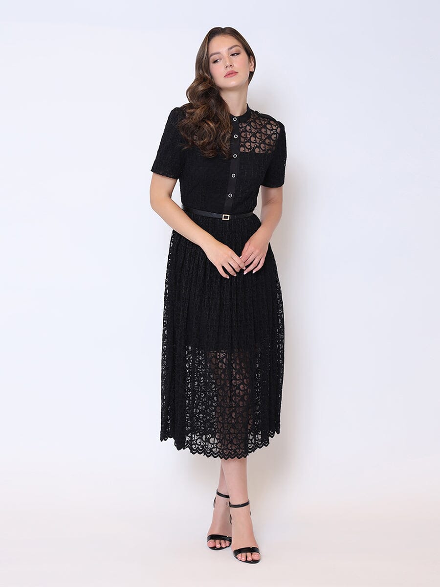 Lace Floral Button Front Mock Neck Belted Dress DRESS Gracia Fashion BLACK S 