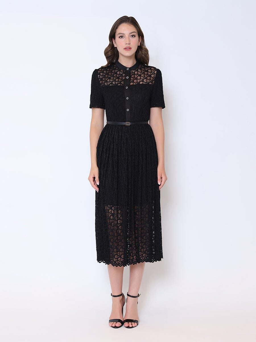 Lace Floral Button Front Mock Neck Belted Dress DRESS Gracia Fashion BLACK S 