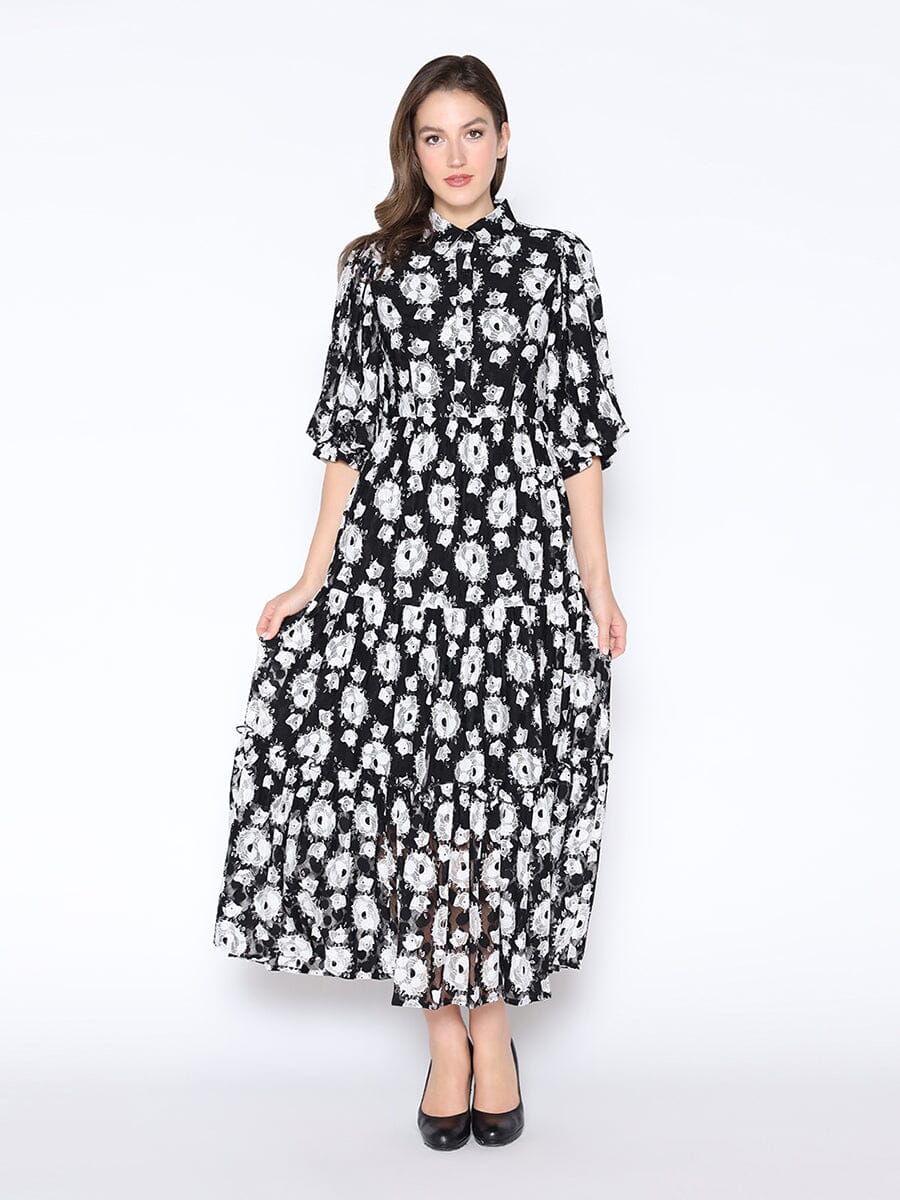 Lace Floral Print Puff Sleeve A-Line Maxi Dress DRESS Gracia Fashion BLACK/WHITE S 