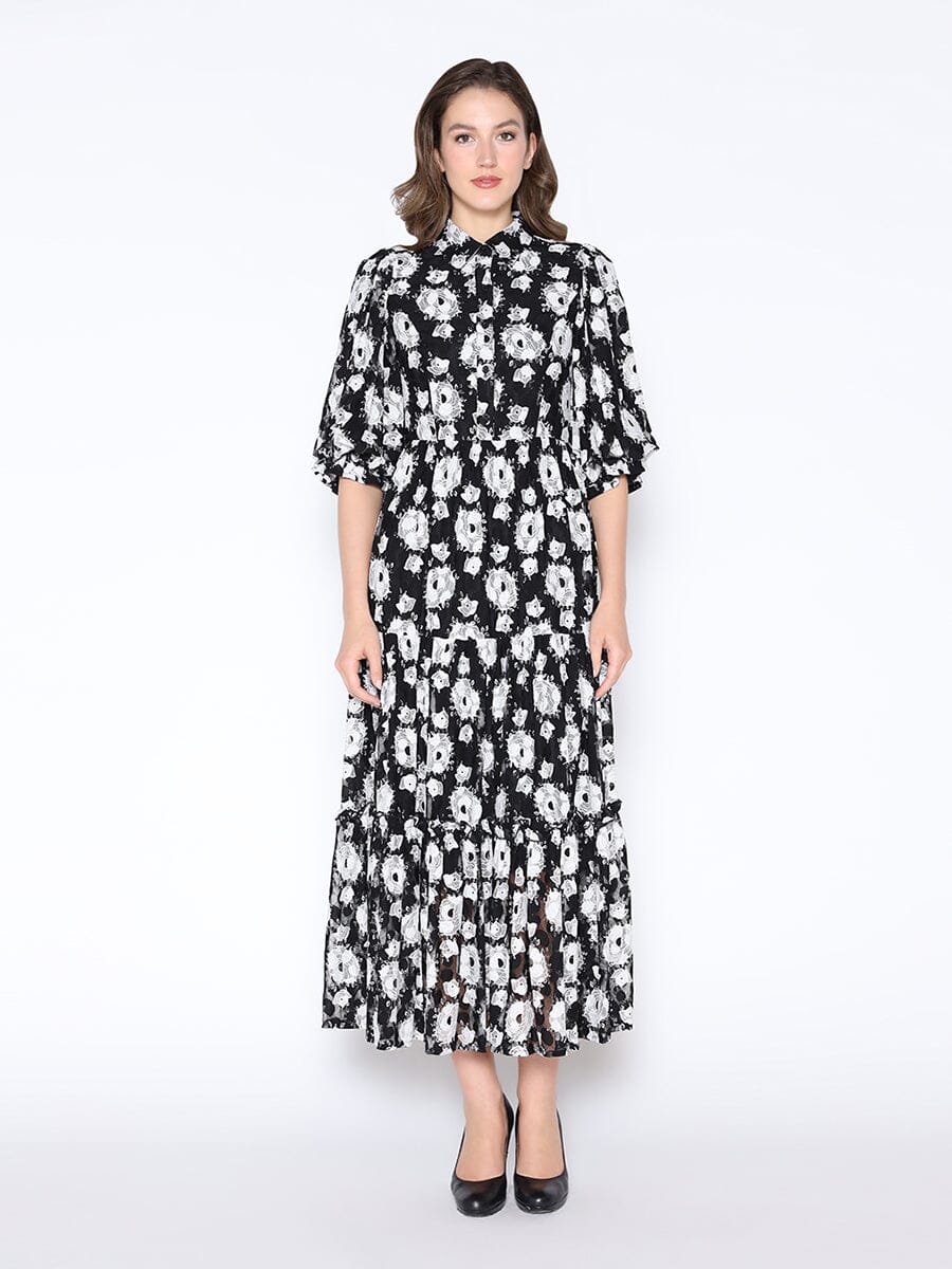 Lace Floral Print Puff Sleeve A-Line Maxi Dress DRESS Gracia Fashion BLACK/WHITE S 