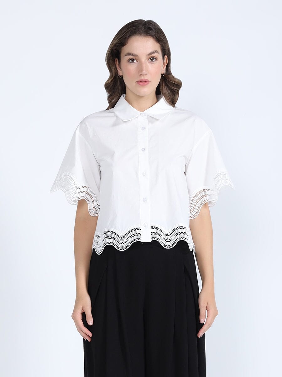 Lace Hem Short Sleeve Button-Down Shirt TOP Gracia Fashion WHITE S 