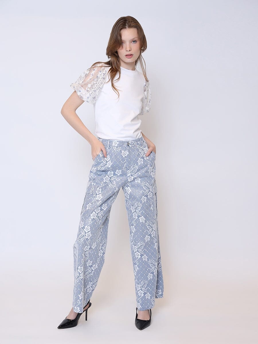 Lace Overlay Wide Leg Cargo Denim Pants PANTS Gracia Fashion BLUE S 