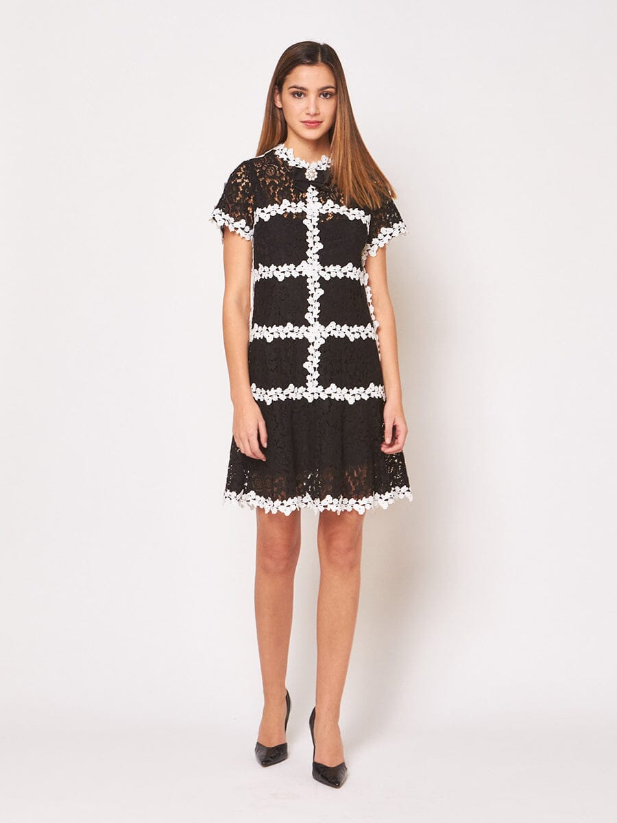 Lace Short Sleeve Dress With Pearl Brooch DRESS Gracia Fashion BLACK S 