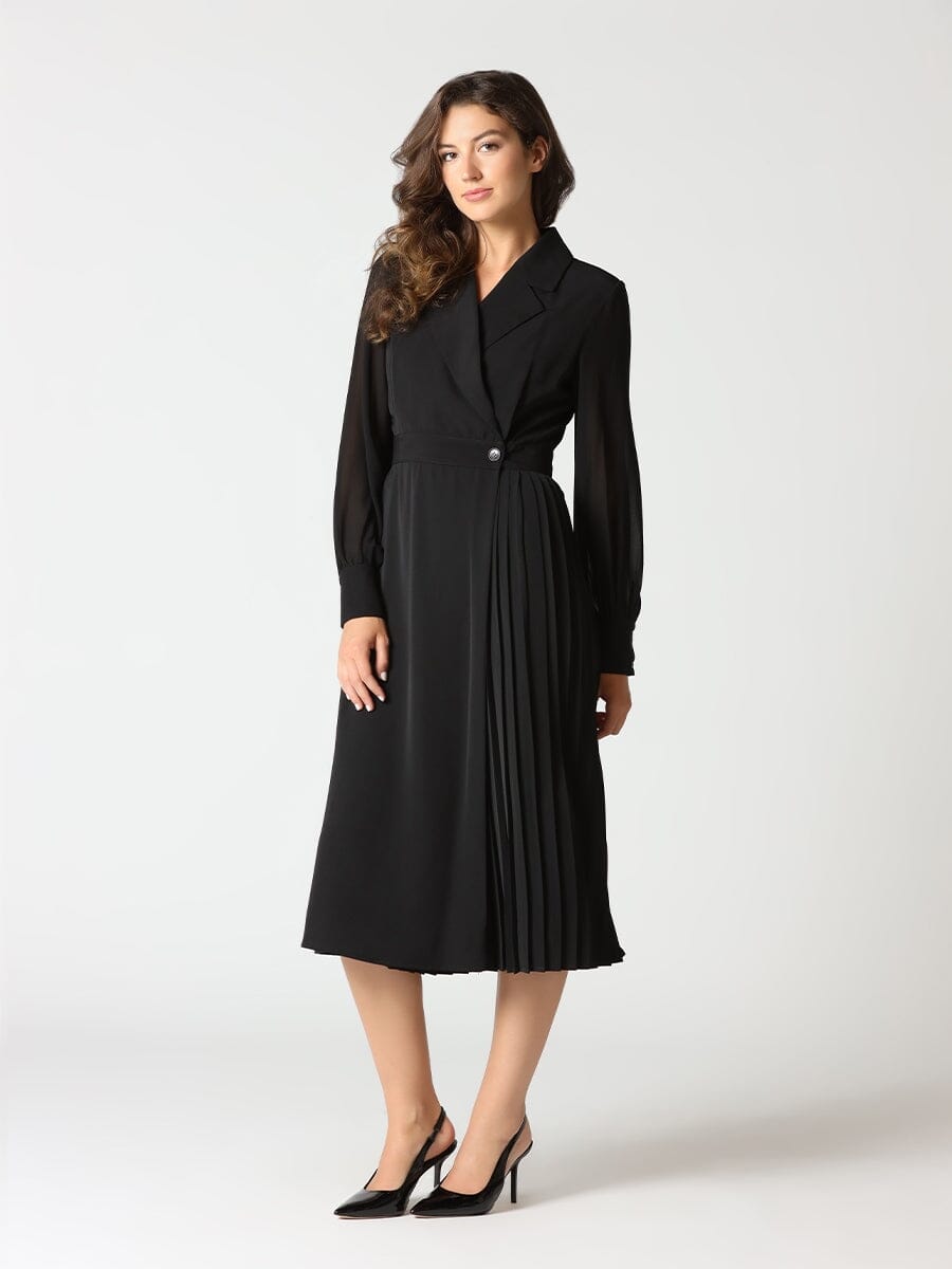 Lapel Neck Pleated Button Side Wrapover Dress DRESS Gracia Fashion BLACK S 