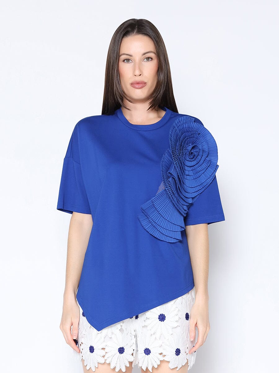 Large Flower Detail Unbalanced T-Shirt TOP Gracia Fashion ROYAL BLUE S 