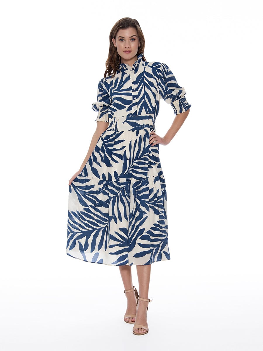 Leaf Print High Neck Ruffle Detail Chiffon Dress DRESS Gracia Fashion BLUE S 