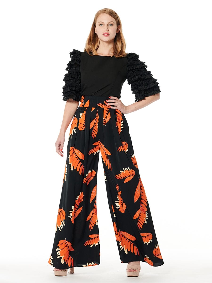 Leaf Printing High Waist Pants PANTS Gracia Fashion BLACK S 