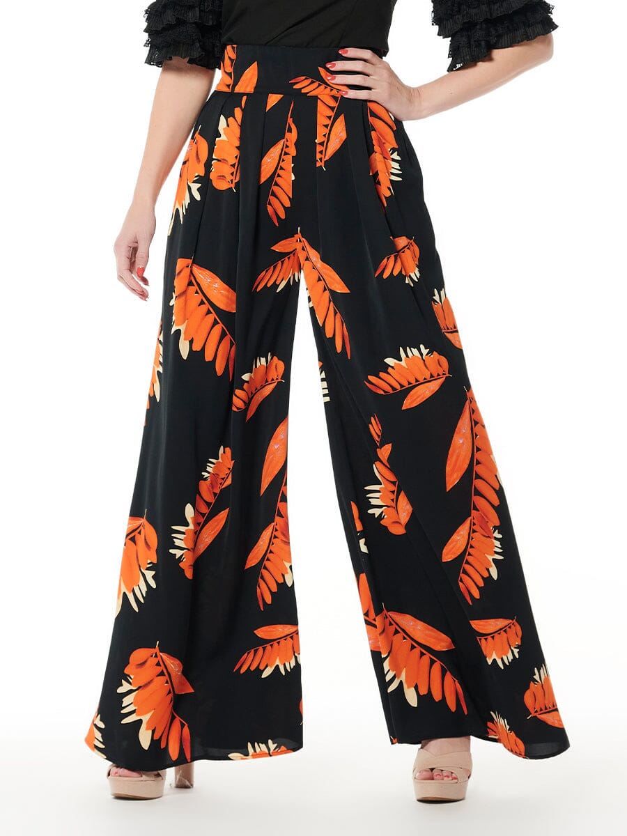 Leaf Printing High Waist Pants PANTS Gracia Fashion BLACK S 