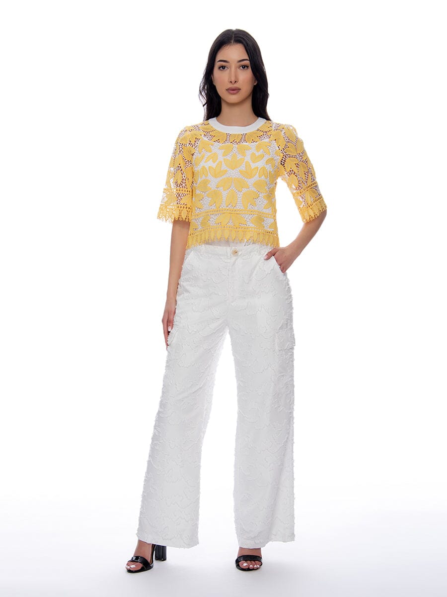 Leaf Shape Lace Crop Top SET Gracia Fashion YELLOW S 