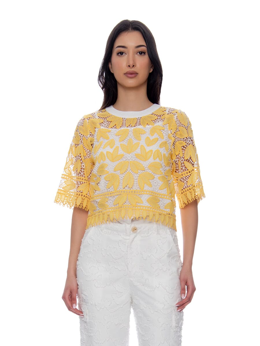 Leaf Shape Lace Crop Top SET Gracia Fashion YELLOW S 