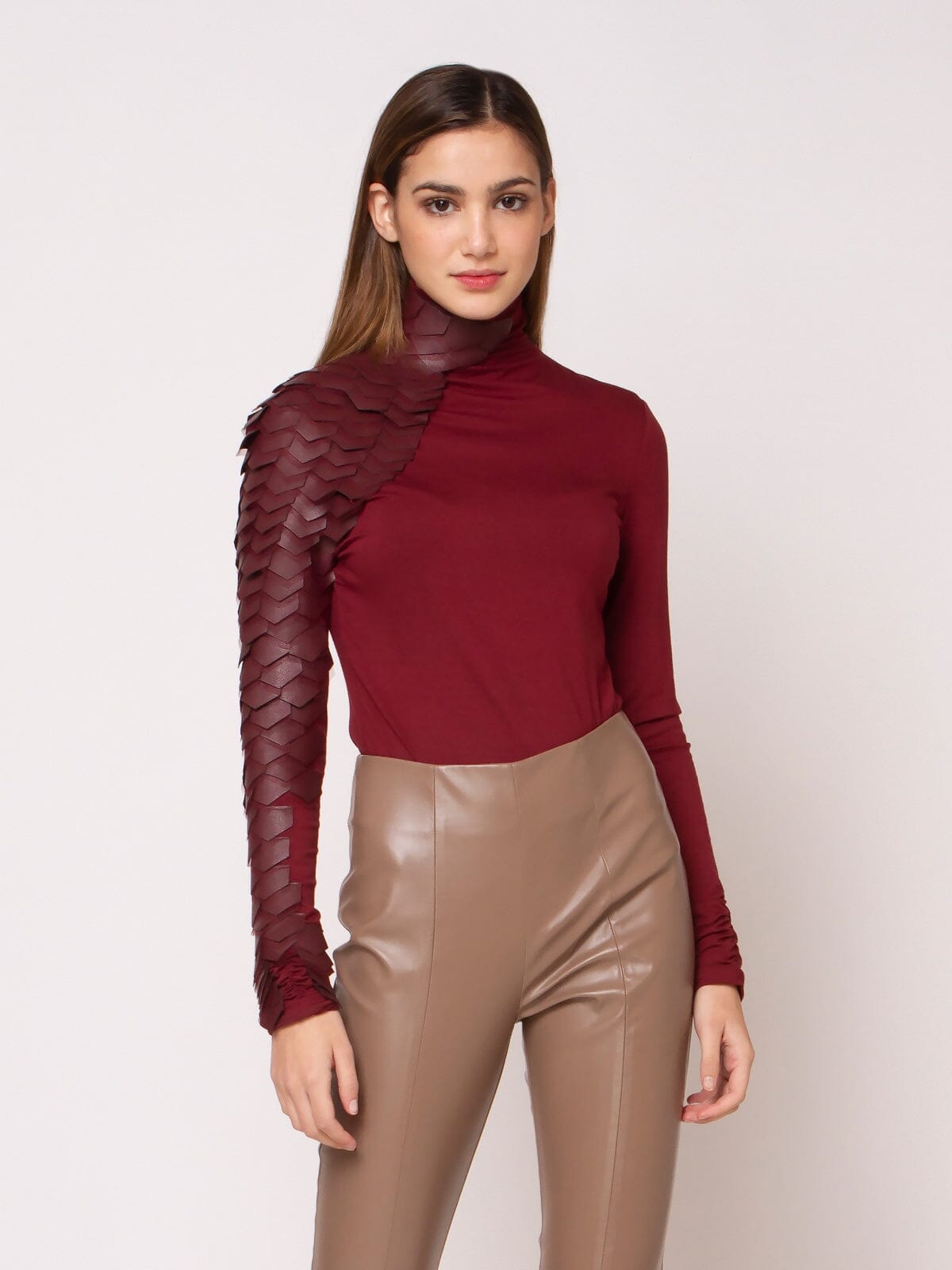 leather Trimmed High Neck Top TOP Gracia Fashion BURGUNDY S 