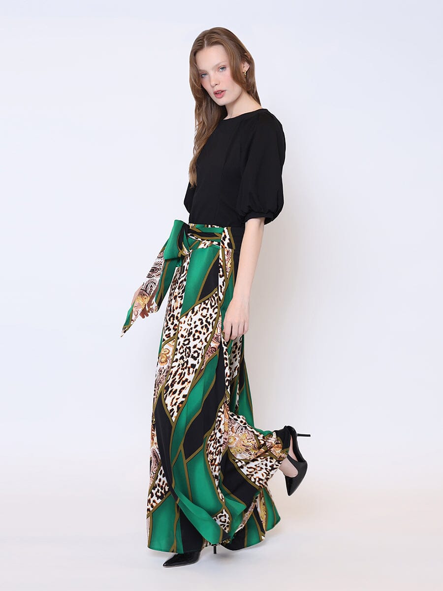 Leopard And Paisley Print High Waist Wide Pants PANTS Gracia Fashion GREEN S 