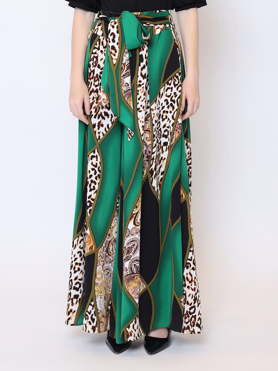 Leopard And Paisley Print High Waist Wide Pants PANTS Gracia Fashion GREEN S 