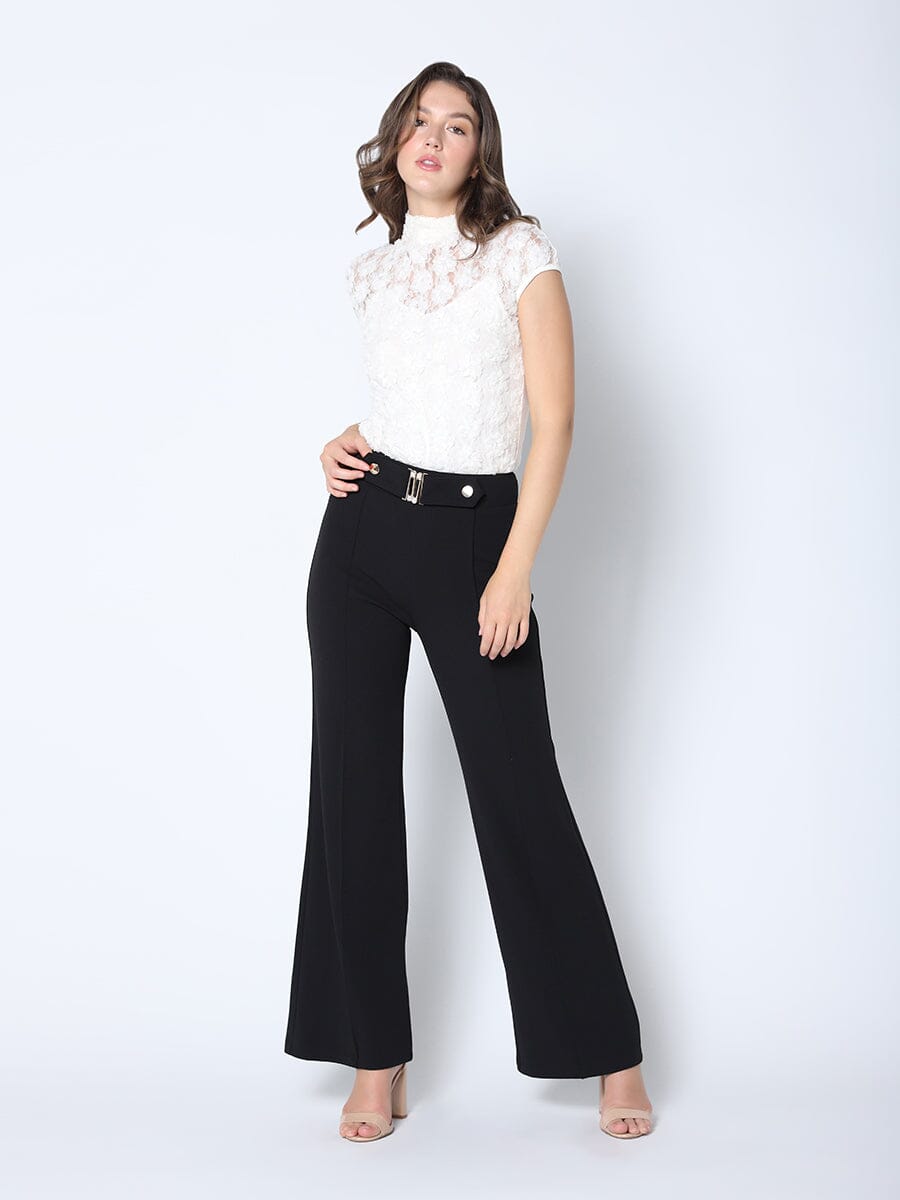 Long Pants with Front Belt Detail PANTS Gracia Fashion BLACK S 