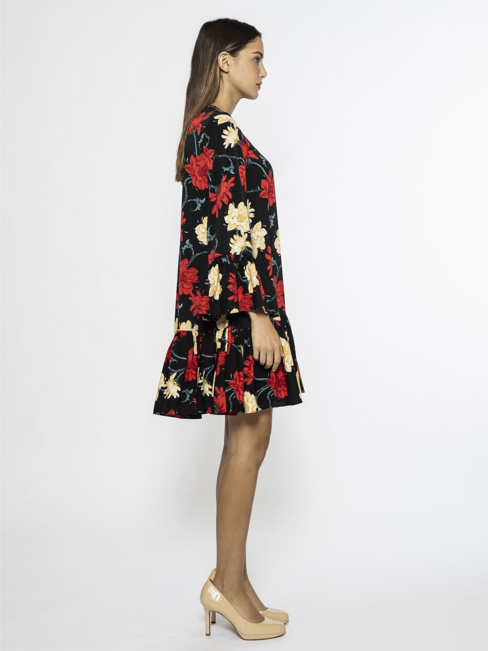 Long Sleeve Floral-Print Frilled Hem A-Line Dress DRESS Gracia Fashion BLACK/RED S 