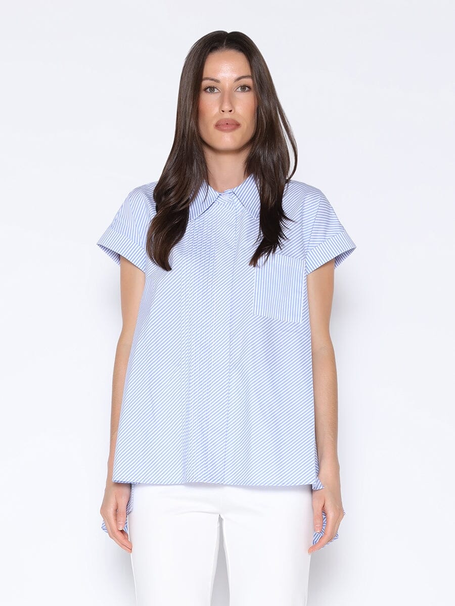 Loose Fit Short Sleeve Striped Button Down Shirt TOP Gracia Fashion BLUE S 