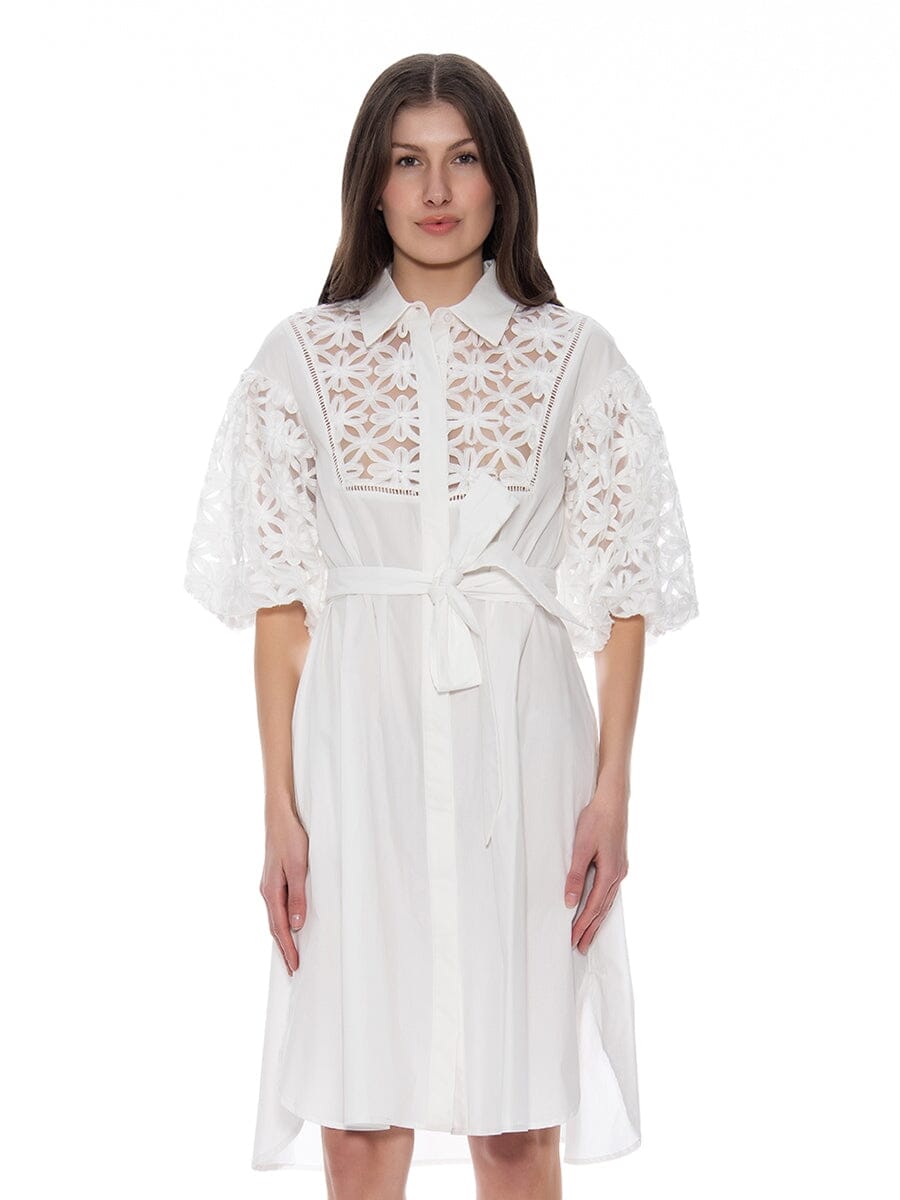 Mesh Embroidered Trim Solid Cotton Belted Dress TOP Gracia Fashion WHITE S 
