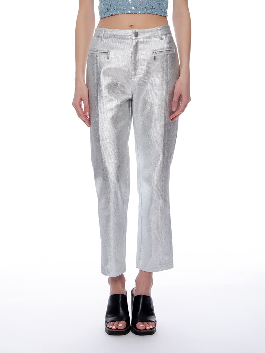 Metallic Pleather Zipper Pocket Ankle Length Pants PANTS Gracia Fashion SILVER S 