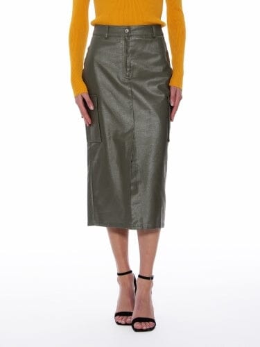 Metallic Shiny Denim Woven Cargo Slit Skirt SKIRT Gracia Fashion OLIVE S 