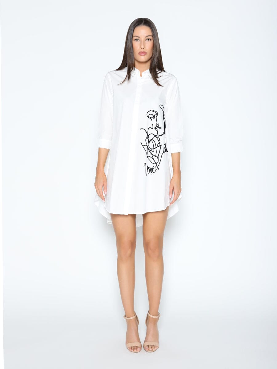 Modern Line Art Face Embroidered Collared Tunic TOP Gracia Fashion WHITE S 