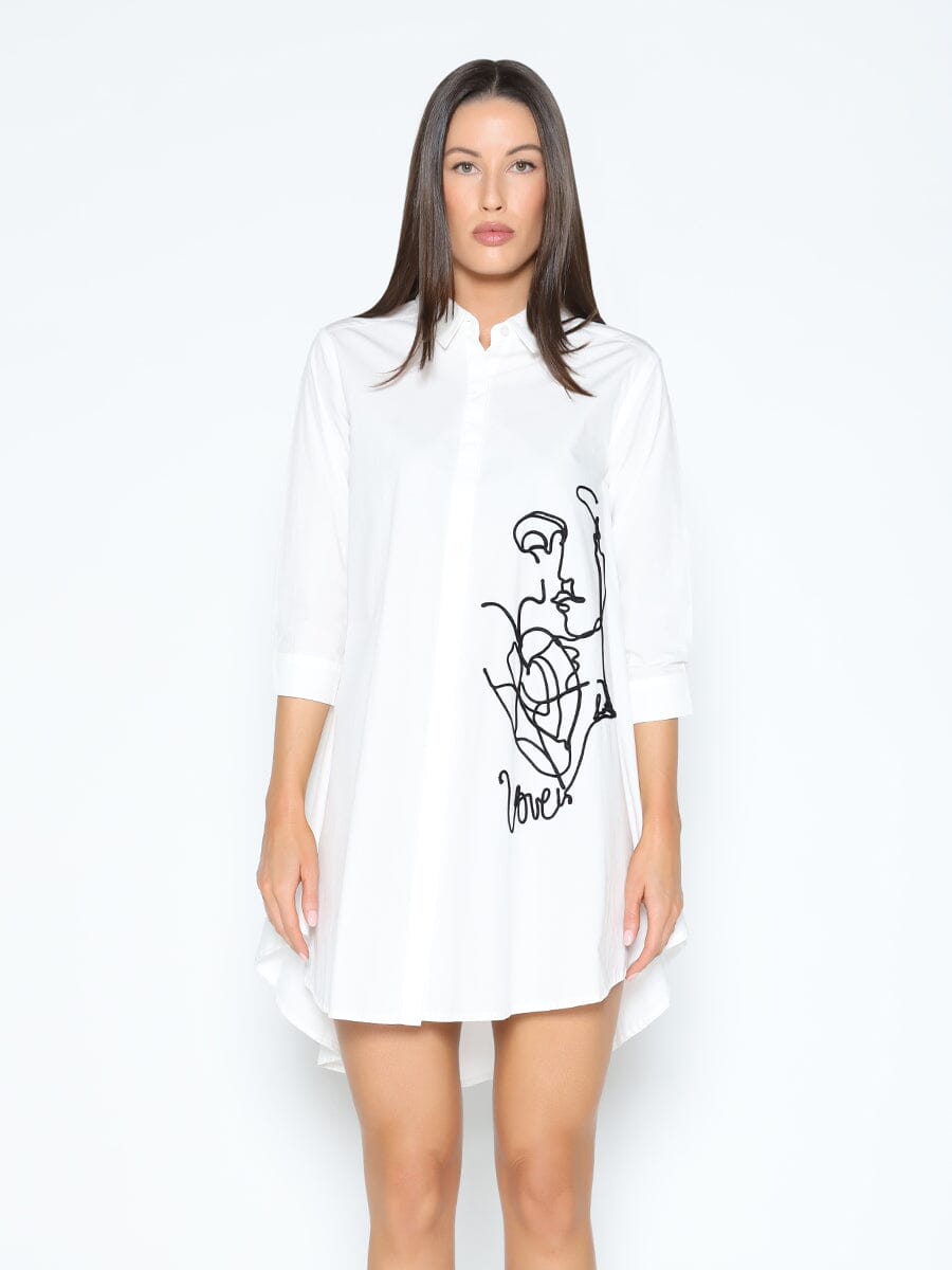 Modern Line Art Face Embroidered Collared Tunic TOP Gracia Fashion WHITE S 