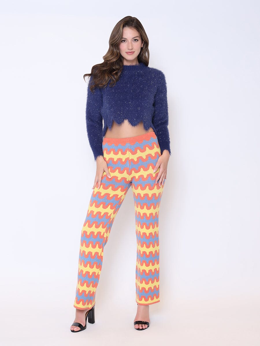 Multi Colored Crochet Knit Ribbed Wide Leg Pants SET Gracia Fashion ORANGE S 