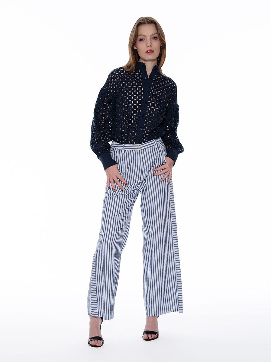 Natural Color Striped Print Comfy Pants PANTS Gracia Fashion BLUE S 