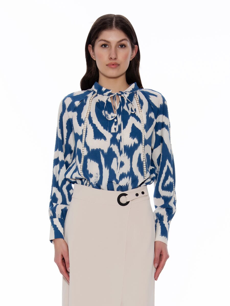 Natural Line Pattern Blouse with Neck String TOP Gracia Fashion BLUE S 