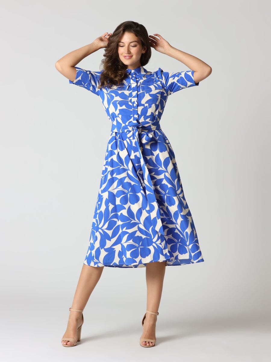 Nature Print Shirt Dress w/ Waist Ribbon DRESS Gracia Fashion BLUE S 