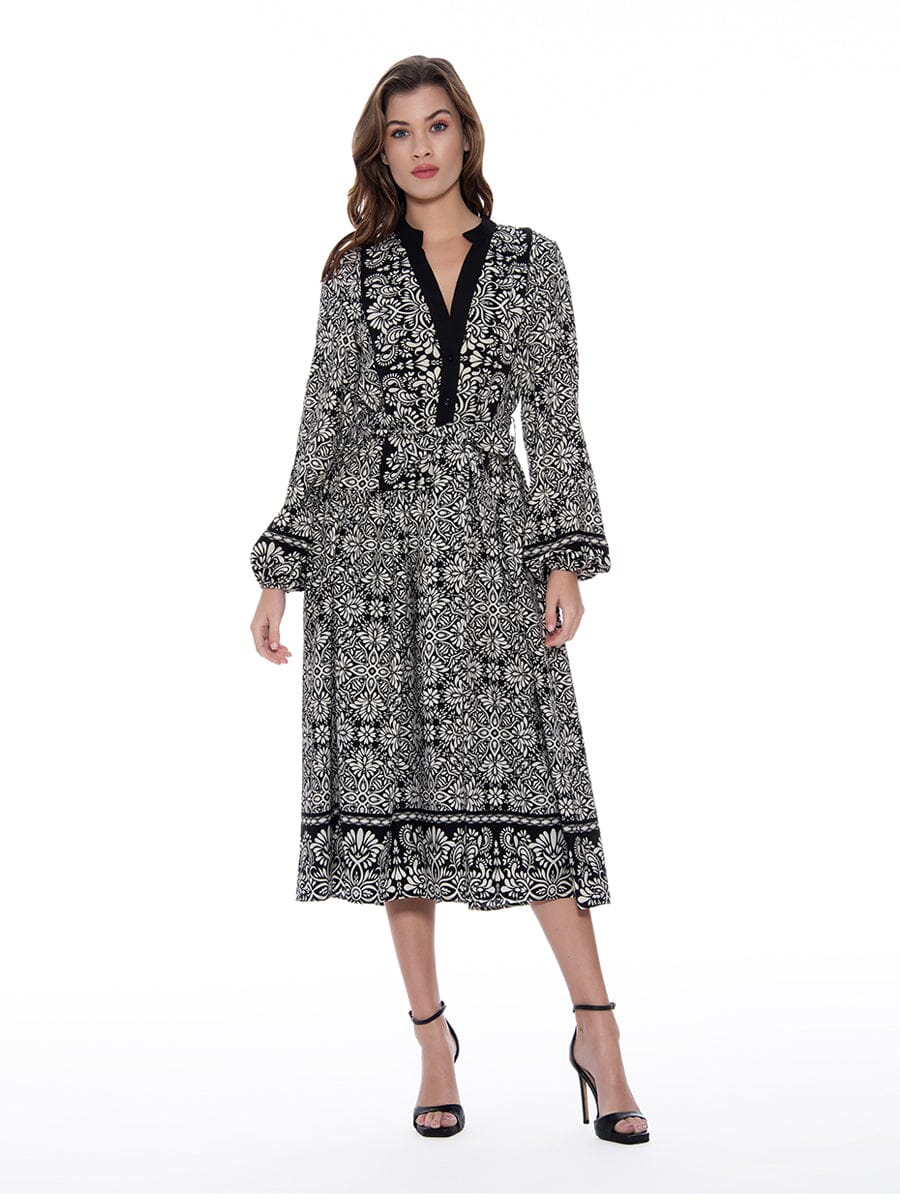 Ogee Print Puff Sleeve Belted Dress DRESS Gracia Fashion WHITE/BLACK S 