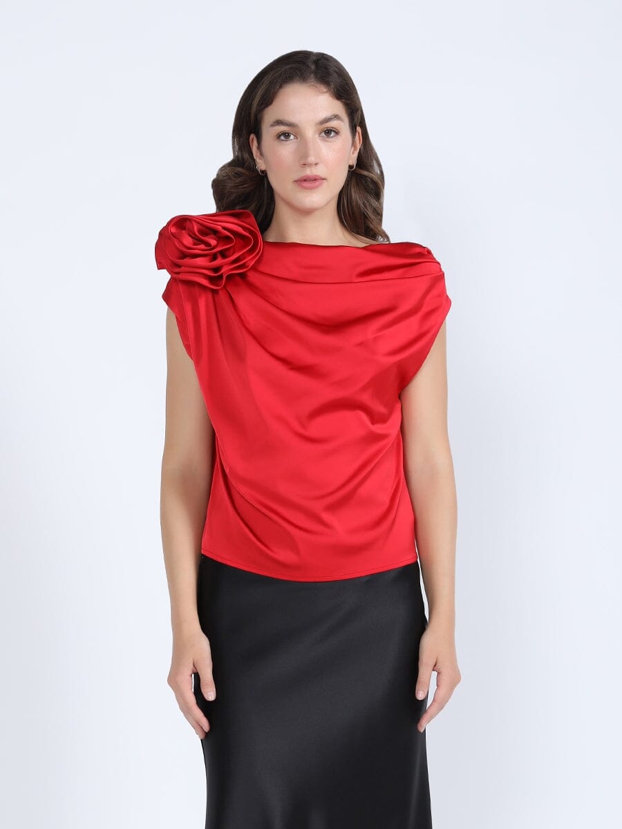 One Shoulder Flower Applique Sleeveless Satin Top TOP Gracia Fashion RED S 