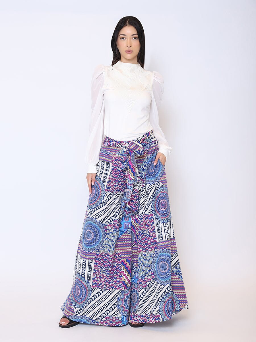 Paisley Print Tie Waist Palazzo Pants PANTS Gracia Fashion BLUE S 