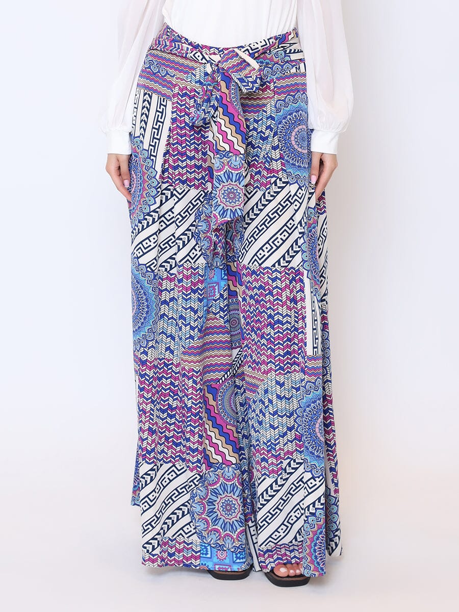 Paisley Print Tie Waist Palazzo Pants PANTS Gracia Fashion BLUE S 