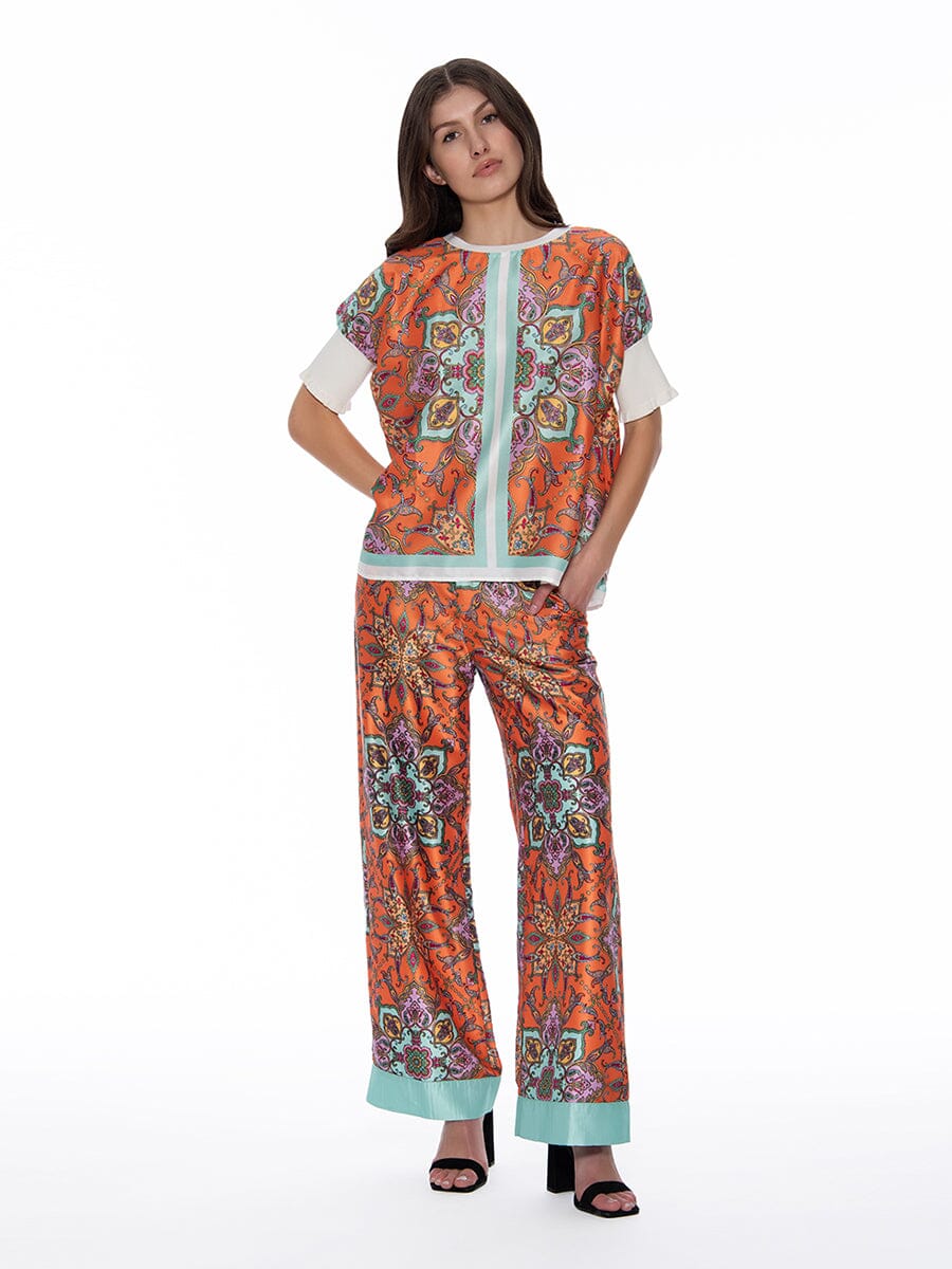 Paisley Print Wide Leg Pants PANTS Gracia Fashion ORANGE S 