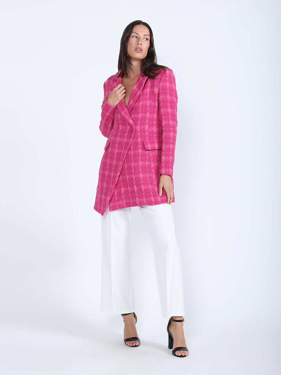 Plaid Lapel Collared Overcoat JACKET Gracia Fashion FUSHIA S 