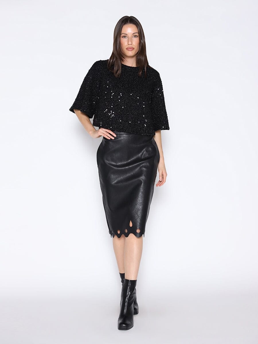 Pleather Cut-work Scallop Hem Skirt SKIRT Gracia Fashion BLACK S 