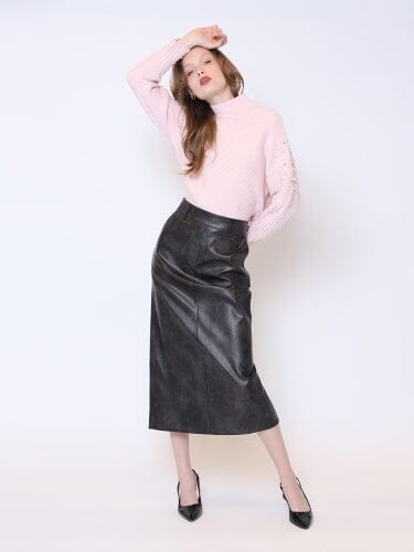 Pleather Knee Length Pencil Skirt Skirt SKIRT Gracia Fashion CHARCOAL S 