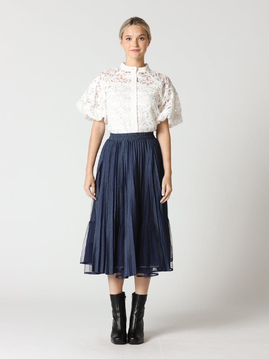 Pleats with Sheer Midi Skirt SKIRT Gracia Fashion DENIM S 