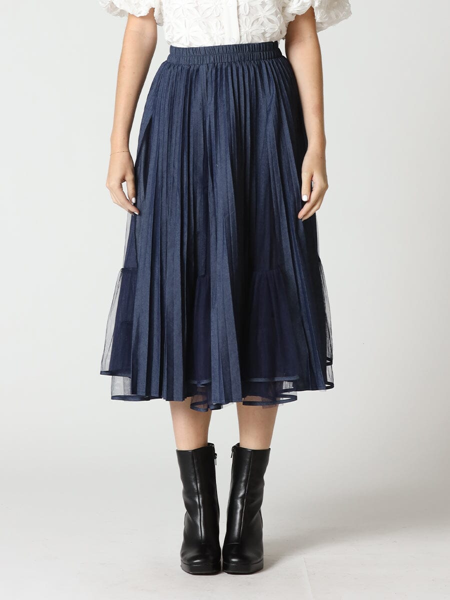 Pleats with Sheer Midi Skirt SKIRT Gracia Fashion DENIM S 