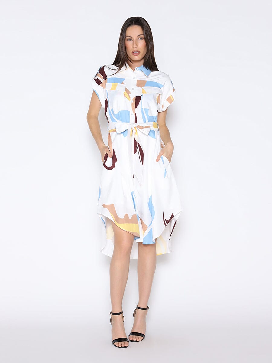 Print Design Short Sleeve Belted Asymmetric Dress DRESS Gracia Fashion WHITE S 